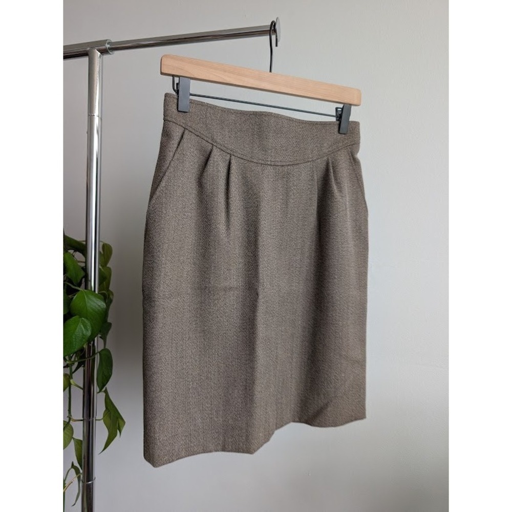 Rare 80s 90s Karl Lagerfeld Mainline Brown Herringbone Tweed Skirt Fan Hardware